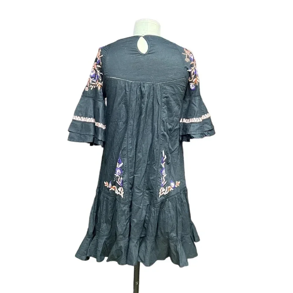 Free People Pavlo Embroidered Smock‎ Dress Black Purple Floral Size XS